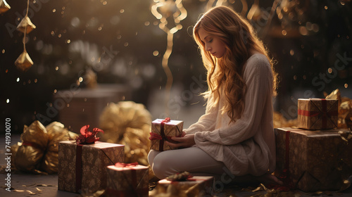 a girl is opening a present in front of a pile of presents