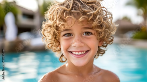 Close up shot of boy child swimmer enjoying in swimming pool with copy space for text placement © Ilja