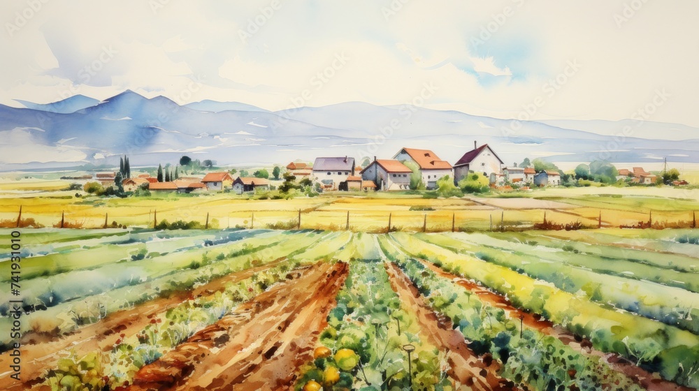 Generative AI Charming countryside dotted with farms. aquarelle
