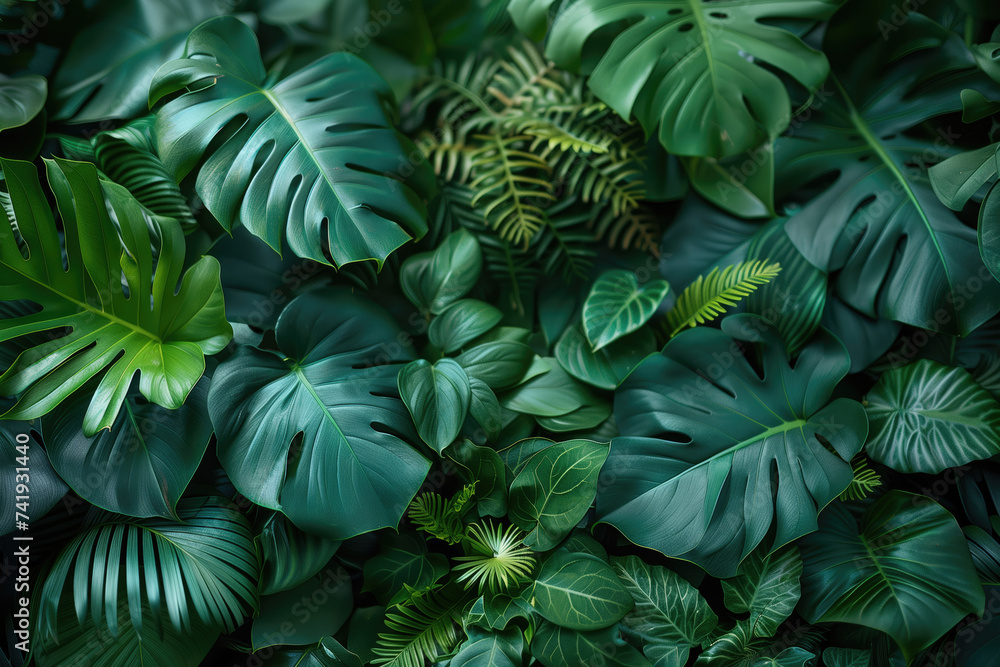green tropical leaves background - obrazy, fototapety, plakaty 