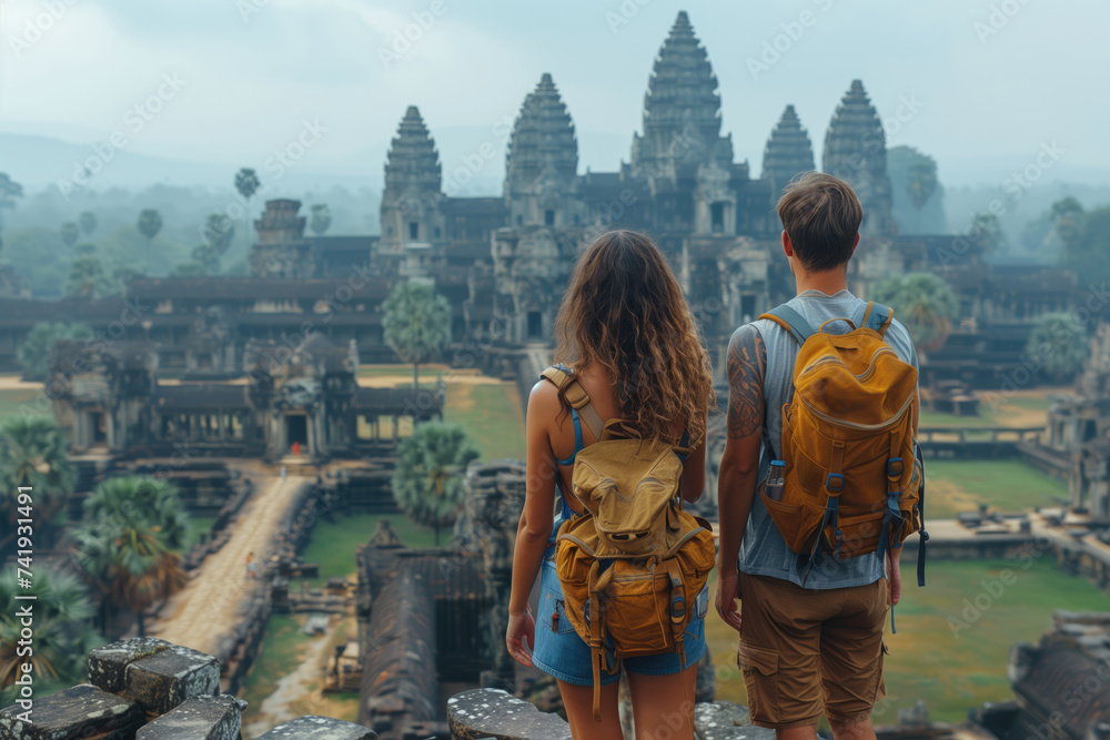 Obraz premium Back view of young couple tourists with backpacks looking at ruins of ancient asian temple