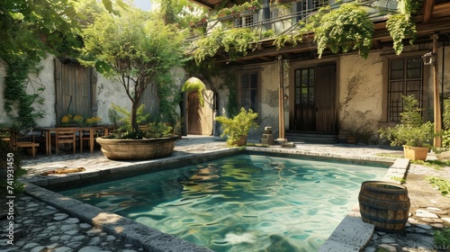 Generative AI courtyard pool in a rustic house, natural stone, country-style surroundings, serene ambiance, detailed and picturesque depiction © vadosloginov