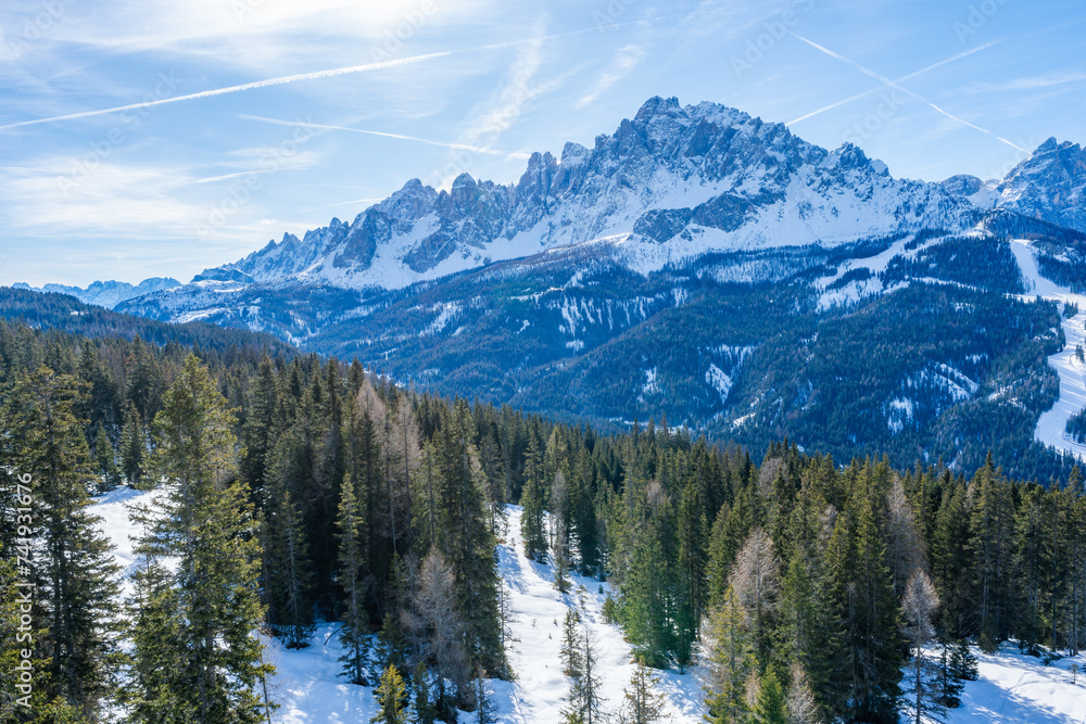 Winter landscape with snow covered Dolomites in Kronplatz, Italy