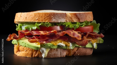 Close-up realistic photo featuring a gourmet avocado and bacon sandwich on a white background Generative AI