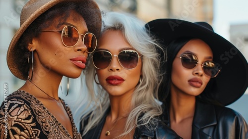 Three Fashionable Women in Sunglasses Posing Confidently in Urban Setting