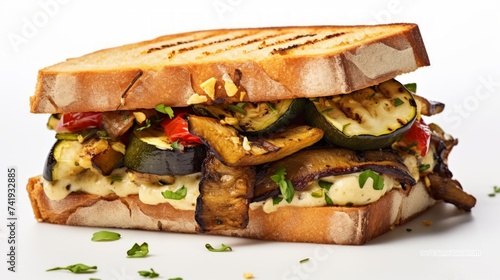 Close-up realistic photo of a veggie-loaded hummus and grilled vegetable sandwich on a white background Generative AI