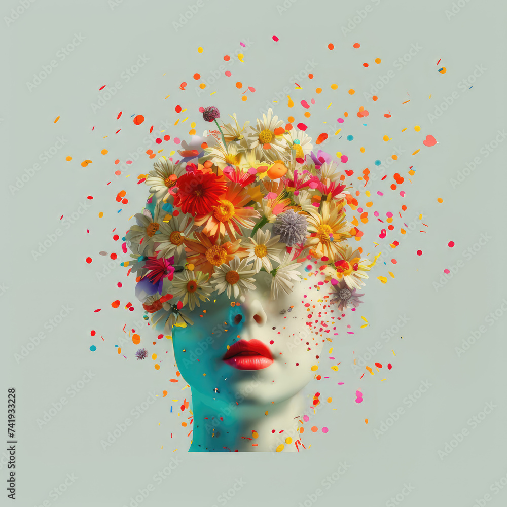 Floral headpiece and colorful splashes surreal portrait of a woman