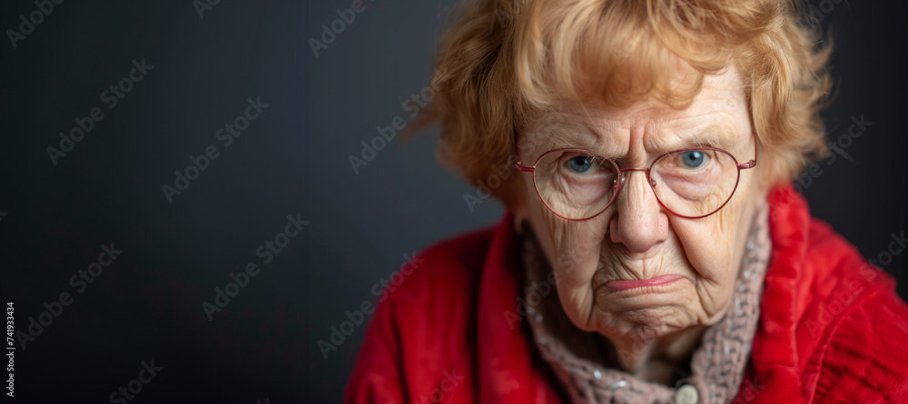 Frowning senior woman. Angry belligerent senior woman looking at the camera. portrait of a angry grandma. Senior grey-haired woman wearing casual clothes skeptic and nervous. - obrazy, fototapety, plakaty 