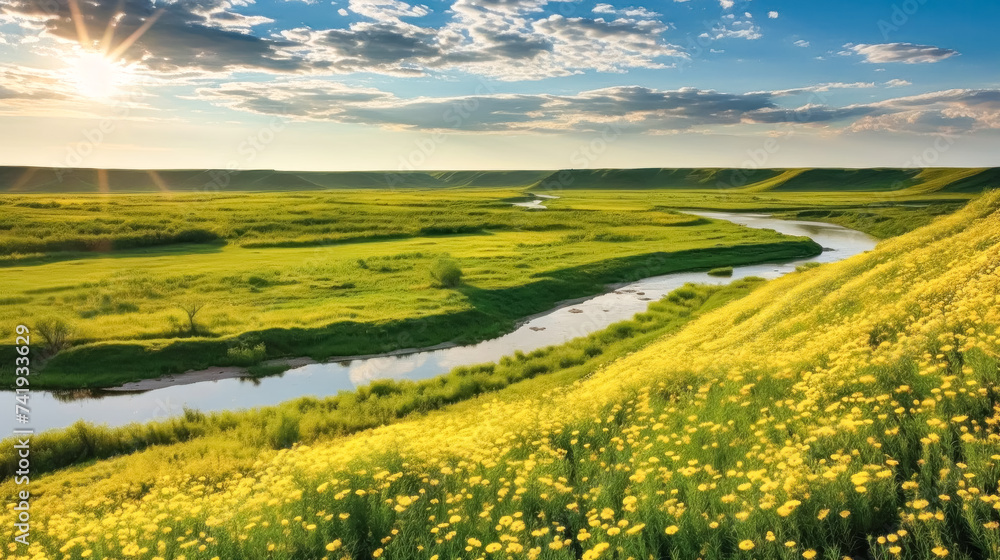 A serene summer scene unfolds with a sunlit river meandering through lush green hills