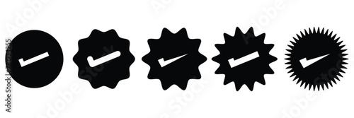 Black Verified badge tick mark icon, verified and authentic tick mark icon approve sign. Set of social media verified icons. Internet top rank stamp. Vector illustration. Eps file 523. photo