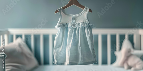 Delicate Blue Baby Dress. Close-up of a cute baby dress hanging on a wooden hanger against a child room interior with bed crib, copy space, clothes shop banner.