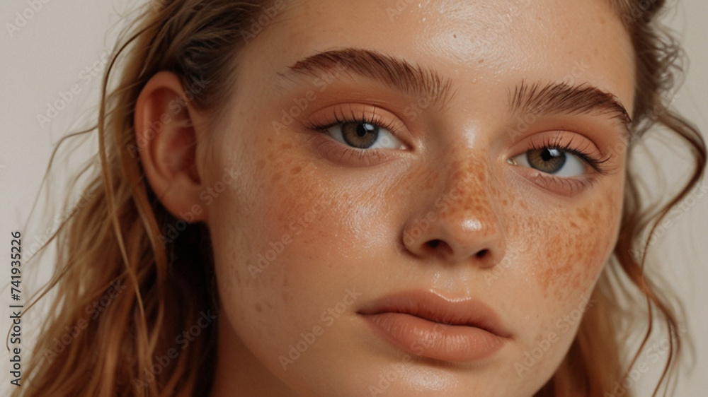 Portrait of young natural beautiful woman with healthy glowy skin with freckles, eyelash and brow lift. Portrait of young natural beautiful woman with healthy glowy skin with freckles, eyelash and brow lift.