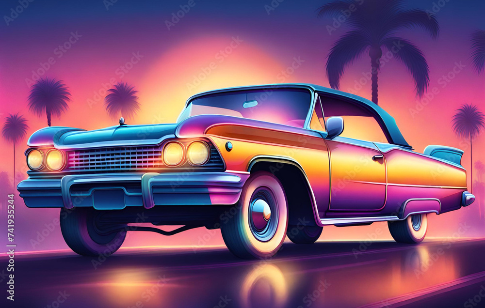 Retro car space landscape planet night psychedelic