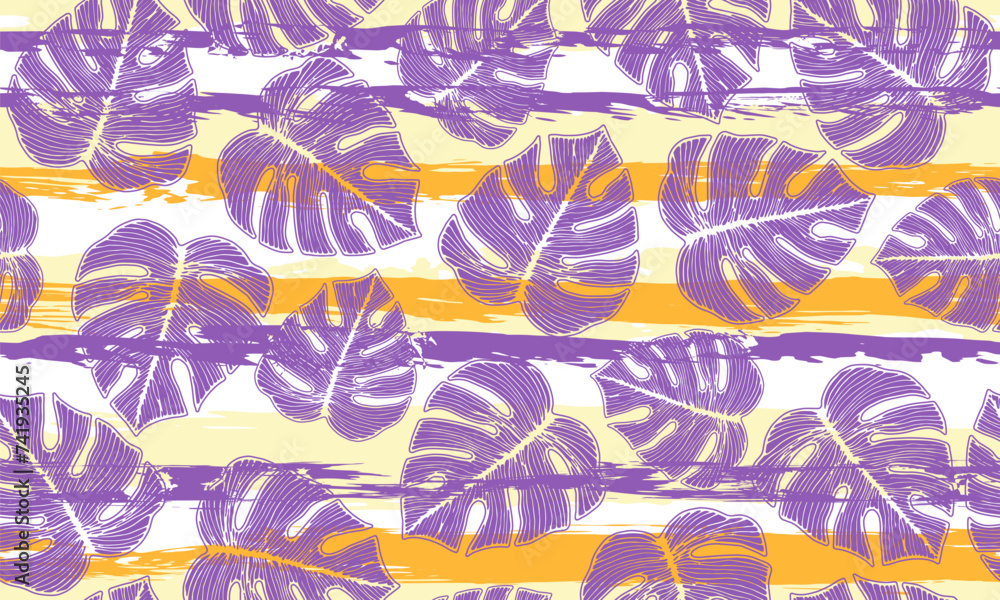 Monstera tropical leaves floral repeat pattern over stripes background.