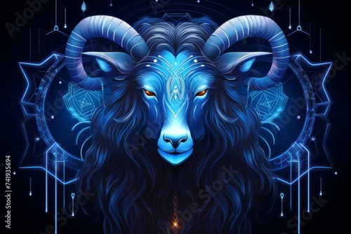 Illustration of taurus zodiac sign shining blue on black background, vector style