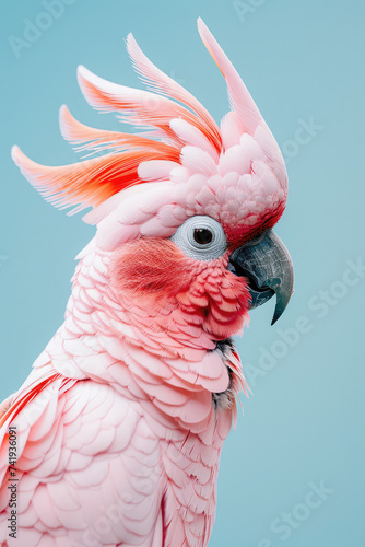 Pastel Pink Cockatoo Portrait. Close-up of a cockatoo with vibrant feathers against a pastel blue background with copy space. © IndigoElf