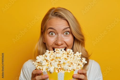 Cheerful young blondwoman enjoying bowl of popcorn at home --ar 3:2 --v 6 Job ID: 2e2dc548-5a86-42ef-981d-dff47aaeeeff photo