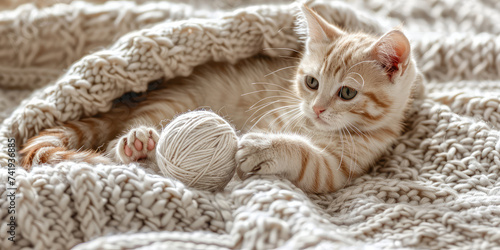Playful Kitten with Yarn Ball. Close-up of little cute kitten engaging with a ball of yarn on a cozy knitted blanket.
