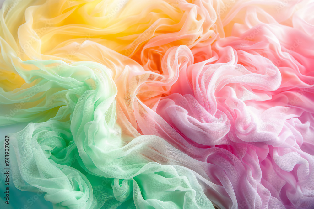 Gentle clouds, fabric, wisps of smoke in pastel hues reminiscent of candy. Shades of green, yellow, pink, red swirling, evoking dreamy atmosphere perfect for spring. Delight in fresh, delicate colors