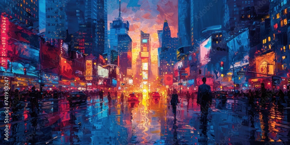 impasto painting, A city at night comes to life with people bustling about, each holding umbrellas to shield themselves from the rain. The vibrant city lights reflect off the wet pavement, creating a 