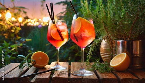 Ramazzotti Cocktail sobre una mesa de madera, decorada con naranjas, rodeado de plantas en un ambiente calido