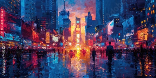 impasto painting  A city at night comes to life with people bustling about  each holding umbrellas to shield themselves from the rain. The vibrant city lights reflect off the wet pavement  creating a 