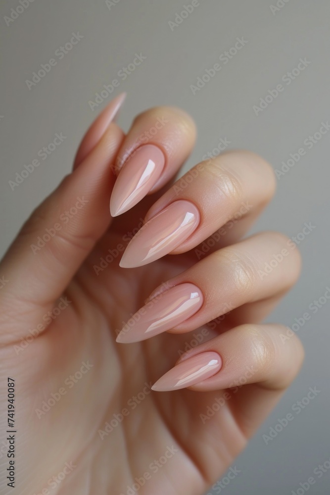 A close-up of a womans hand elegantly displaying a professionally manicured manicure in a neutral tone. The nails are neatly shaped and polished, enhancing the overall appearance of the hand A close-up of a womans hand elegantly displaying a professionally manicured manicure in a neutral tone. The nails are neatly shaped and polished, enhancing the overall appearance of the hand