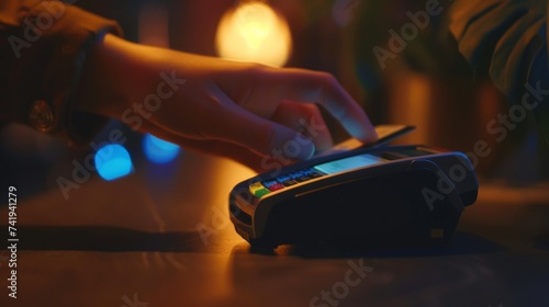 A person's hand deftly swipes a credit card through a gadget, illuminated by the soft indoor light, symbolizing the ease and convenience of modern transactions