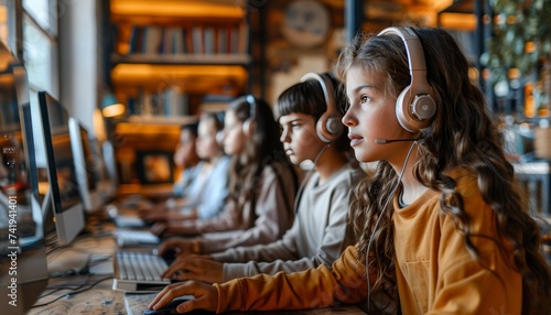 Diverse group of children sitting together in classroom engaged in learning computer education