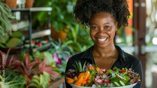 A smiling woman stands outdoors, holding a bowl of fresh vegetables in her flowery clothing, embodying the connection between humans and natural foods