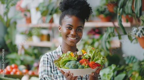 A radiant woman stands outdoors, beaming with a bowl of vibrant produce in hand, showcasing the beauty and nourishment of local whole foods and the power of a vegan diet
