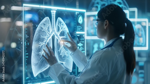 Doctor seeing virtual image of lungs, technology concept in medicine generative ai