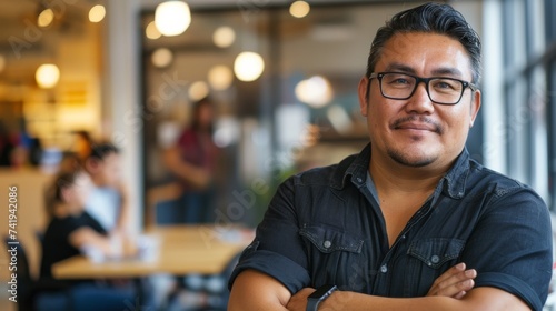 A sharply dressed man with a warm smile sits indoors, his glasses and black shirt adding an air of sophistication to his friendly human face, a subtle nod to the importance of vision care photo