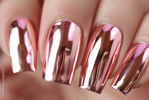 A womans hand adorned with a chic pink and gold manicure, showcasing intricate nail art details in a close-up shot photo