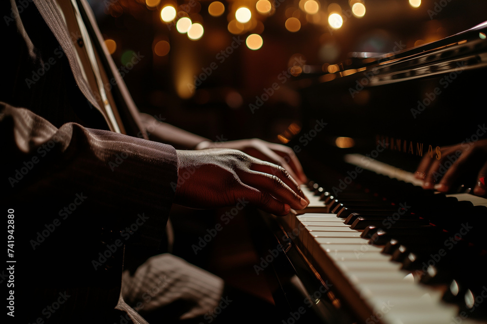 Jazz Pianist, hands of an elegant man playing the white keys of his instrument in a concert of classical music and improvisation - obrazy, fototapety, plakaty 