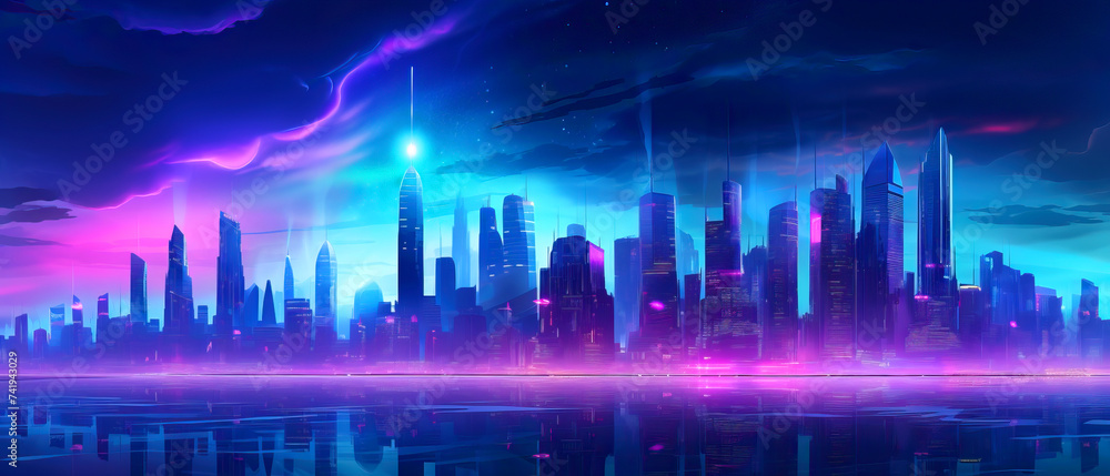 Futuristic cityscape in neon light