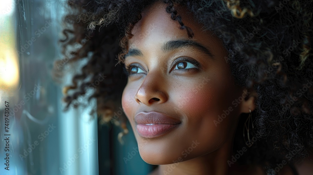 Pensive woman with curls looking out of a rain-spattered window. Pensive woman with curls looking out of a rain-spattered window.
