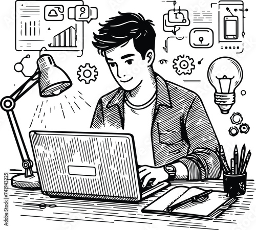 A boy working on a laptop computer: Designer or web developer professional innovation outline illustration doodle-style