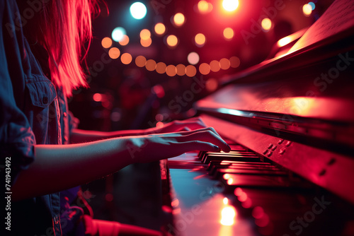 Jazz Pianist, Woman's Hands Playing in a Show with Reddish Lights and Providing Rhythmic Melodies Full of Improvisation