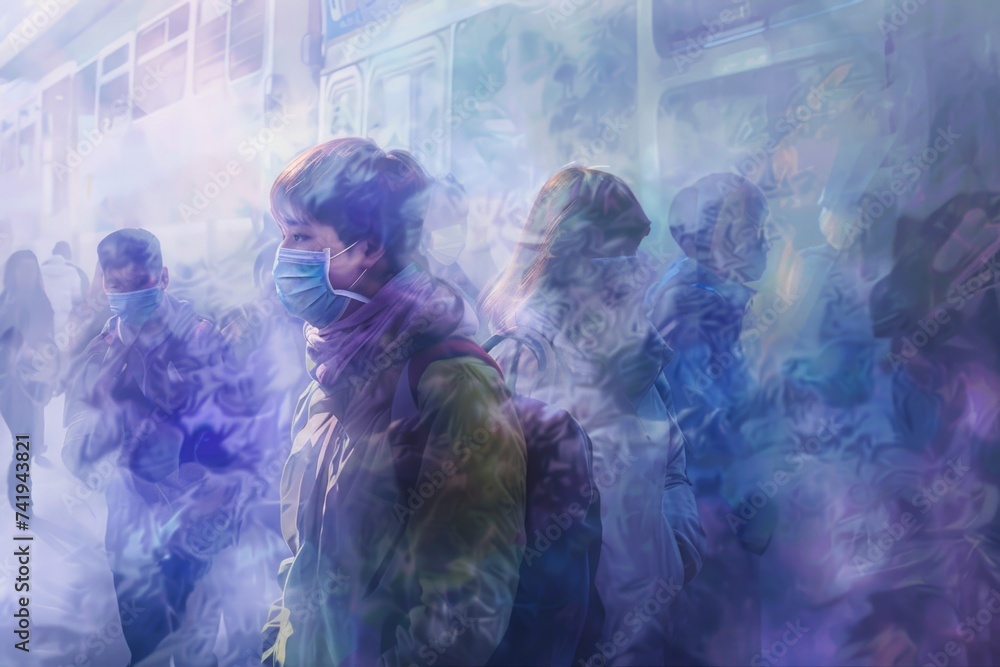 A man wearing a face mask stands out in a crowd of people, showcasing the importance of pandemic preparedness and safety measures during a public gathering A man wearing a face mask stands out in a crowd of people, showcasing the importance of pandemic preparedness and safety measures during a public gathering