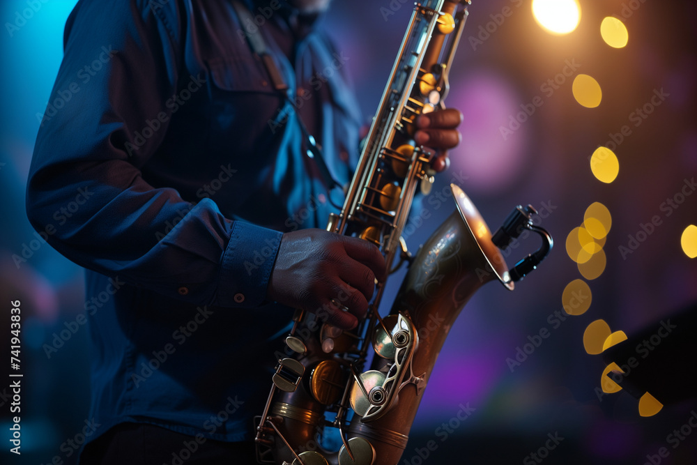 Obraz premium Jazz Saxophonist, rhythm and music of an improvised concert by an African American man on a stage full of lights