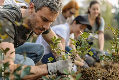 A diverse group of individuals are actively working together in a garden, tending to plants, watering, weeding, and cultivating the earth photo