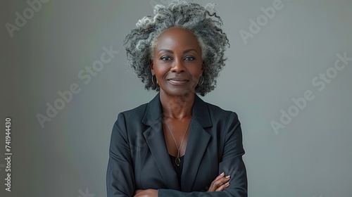 Confident senior businesswoman with a warm smile and elegant gray hair. photo