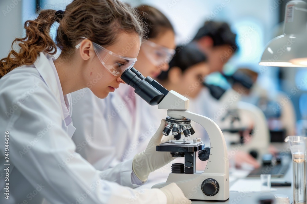 A group of scientists in lab coats are gathered around a microscope, carefully observing and analyzing samples with focused expressions A group of scientists in lab coats are gathered around a microscope, carefully observing and analyzing samples with focused expressions