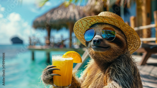 A sloth wearing mirrored sunglasses and straw hat is relaxing at seaside resort, drinking fresh citrus cocktail, vacation conception