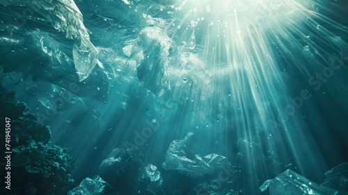 Mesmerizing hues of aqua and teal illuminate plastic bags submerged in an underwater world, revealing the destructive impact of human waste on nature © ChaoticMind