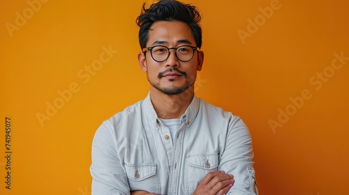 Casual professional with glasses in a bright, optimistic yellow backdrop. photo