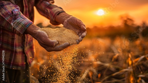 farmer pouring grains into a sack, in the background a sunset generative ai