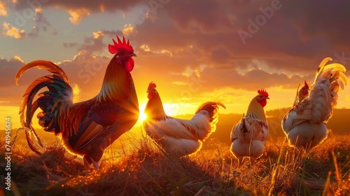 Hens and roosters in the field at sunset generative ai
