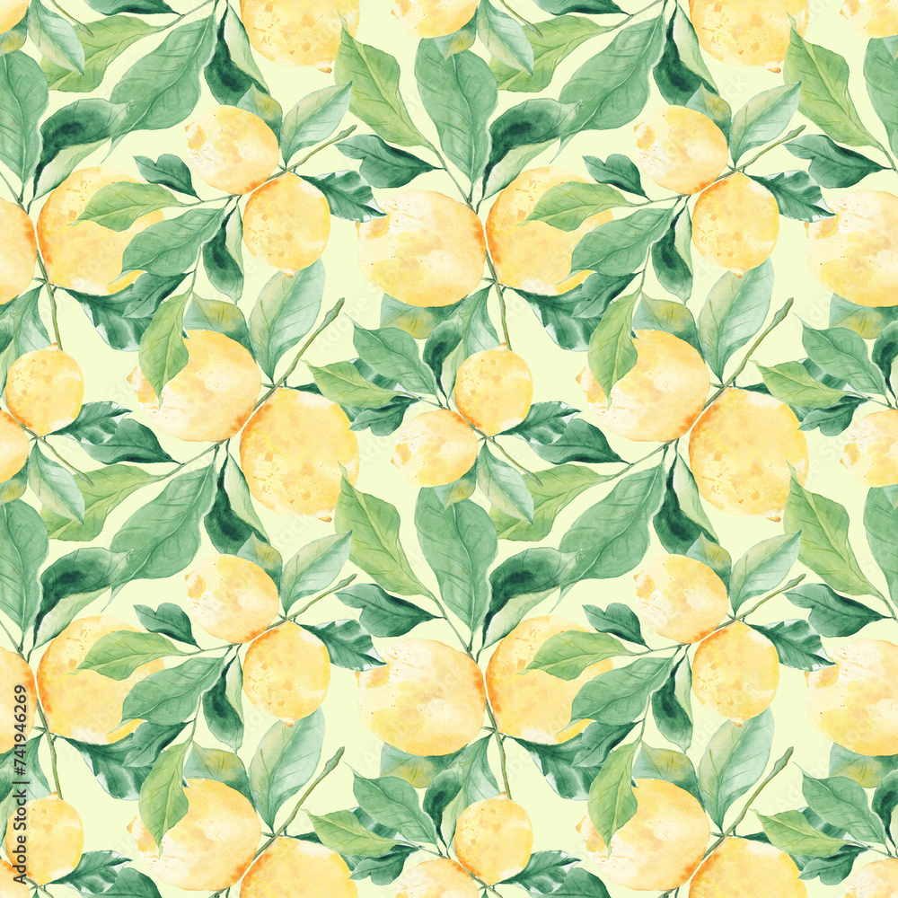 Hand drawn watercolor seamless pattern with lemons. Texture. Tablecloth. Home textiles. Vitamins. Citrus fruits. Greece, Italy, Turkey. Plant lemon print for fabric.